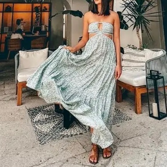 JONATHAN SIMKHAI Laurel Cut-Out Green & White Printed Maxi Dress - Size Small - Picture 3 of 16